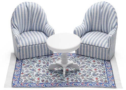Odoria Puppenhaus Beistelltisch Miniatur Sessel: 4Stk 1/12 Maßstab Teppich Couchtisch Sofa für Wohnzimmer Büro Schlafzimmer Modern - Mini Möbel Holz mit Teppichboden Blau Weiß