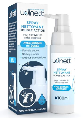 Hearing Aid Cleaning Spray with Integrated Brush 100ml Udinett for Cleaning Earmolds Replacement Domes Earplugs Delicate Formula Eliminates Earwax and Dirt with Immediate Effect