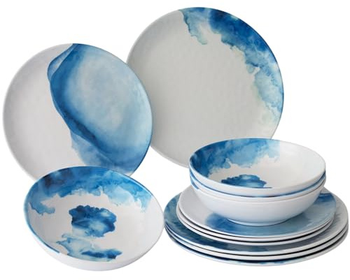Service de table en mélamine pour 4 personnes - Aspect faïence élégant - Blanc et bleu - Passe au lave-vaisselle - Vaisselle d'extérieur et camping