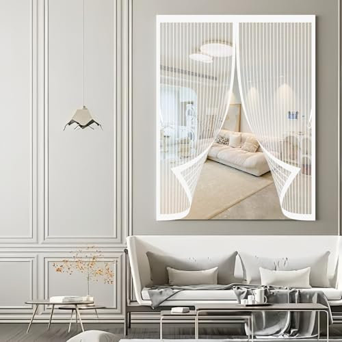 Cortina Magnetica Mosquitera 86 x 72 cm Protección Contra Insectos, Malla Fina, Mantiene El Aire Fresco, Cortina de Protección para Puerta Corredera, Puerta de Salón, Blanco