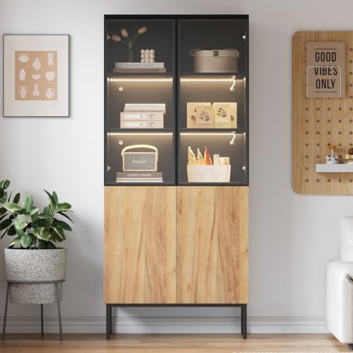Lcoho Vitrine mit Glastüren, 180 cm hoher Schrank mit LED-Leuchten, Bücherregal, 5-stöckige Glasvitrine für Sammlerstücke, Bücherregal, Büro, Schwarz/Eiche