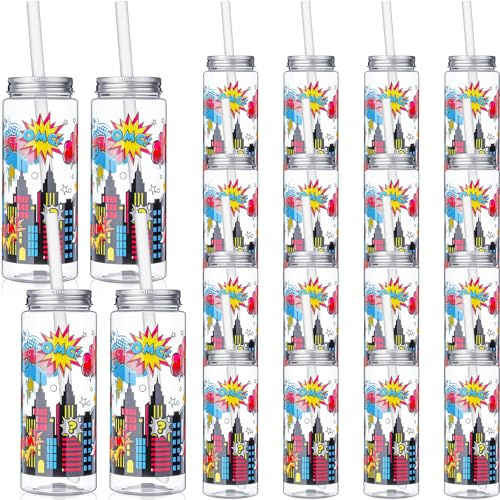 LemonRoad Kunststoffbecher mit Deckel und Strohhalm, 400 ml, wiederverwendbar, Motto-Party-Dekorationen, Becher, Bierdose, Eiskaffeebecher für adrette Party-Dekoration (Held)