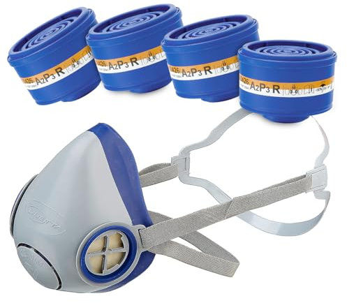 Atemschutz Set – Halbmaske DUETTA mit 4x A2P3 Filtern – wiederverwendbare Atemschutzmaske gegen Gase, Dämpfe & Partikel – Starter-Pack für Industrie, Handwerk & Renovierung