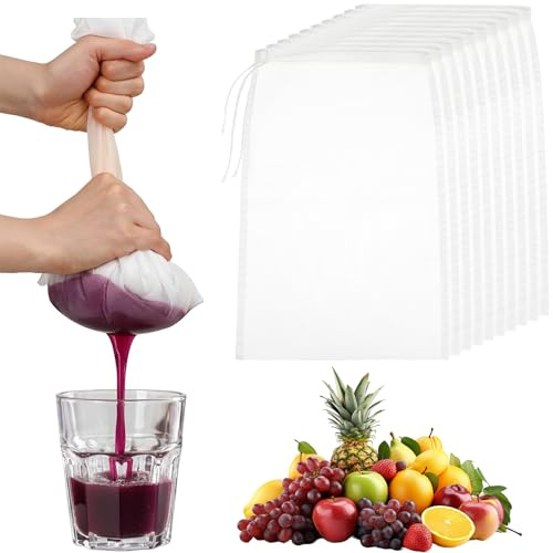 ElevateTech 10 Pack Nut Milk Bag Reusable Juice Strainer Fine Mesh Food Strainer Nylon Cheese Cloth Bags for Straining for Straining Fruit Juice Cheese Cold Brew Coffee Tea Yogurt, 12 x 8 Inch