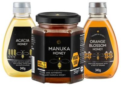 Premium Honey Collection Set, Manuka, Acacia and Orange Blossom Variety Pack, 3 Bottles, MGO 100
