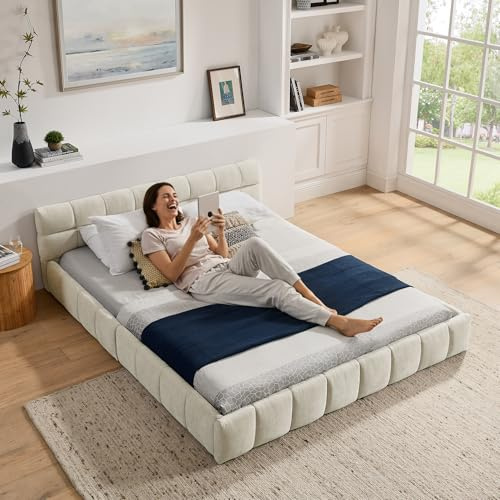 Yihomfy Doppelbett 160x200cm, Bett mit seidig weichem Chenille - Bezug, quadratischem Steppdesign, aus ökologischem Eukalyptusholz und stabilem Eisenrahmen,Beige