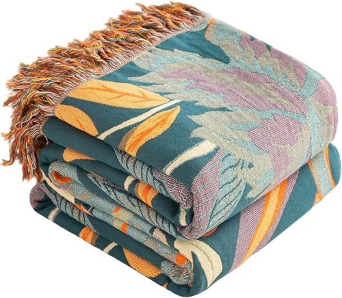 SE SOFTEXLY Boho Decke 100% Baumwolle – Doppelseitige Musselin Tagesdecke 130x150cm, Kuschelige Sofadecke & Bettüberwurf, Aesthetic Design, Ideal für Wohnzimmer & Schlafzimmer, Orange/Grün