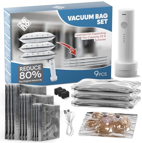 Bolsas de Vacío para Ropa, 9 Piezas con Bomba Eléctrica Inalámbrica | Cierre Hermético con Doble Cremallera, Protege de Polvo, Incluye 3 Bolsas Pequeñas, 3 Medianas y 3 Grandes, Transparente