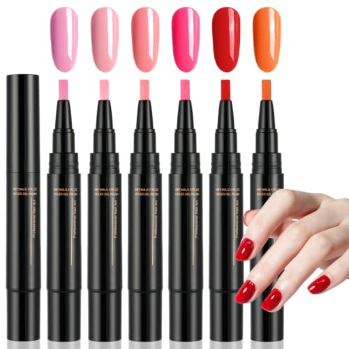 AYBUY 6PCS 3-in-1 Gel Nail Polish Pen Set, Quick-Dry Nail Art Pens, No Base Coat Needed, One Step Application, Nails Varnish Pens, DIY & Salon Manicure Kit for Girls and Ladies（A）