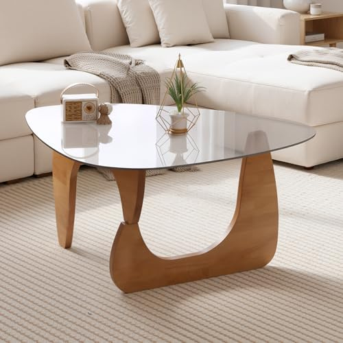 Tifemap Dreieckiger Glastisch, Kleiner Couchtisch mit gehärtetem Glas und Massivholz-Gestell, Minimalistischer Wohnzimmertisch, Beistelltisch, für Wohnzimmer, Empfang & Büro