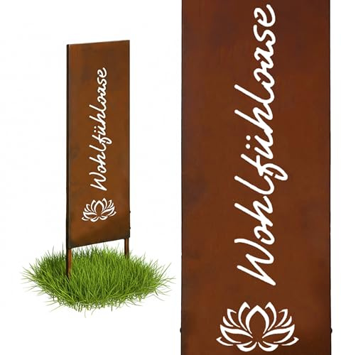 Relaxdays Edelrost Gartendeko, Wohlfühloase, HB: 85x28 cm, Gartenstecker wetterfest, rustikal, zum Stecken, Eisen, braun
