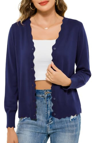 Lovasy Cardigans for Women UK Long Sleeve V Neck Button Down Women's Cardigans Summer Lightweight Ladies Cardigan Scalloped Edge Knit Ladies Black Navy White Cardigan Size 16 18 14,Navy Blue,L