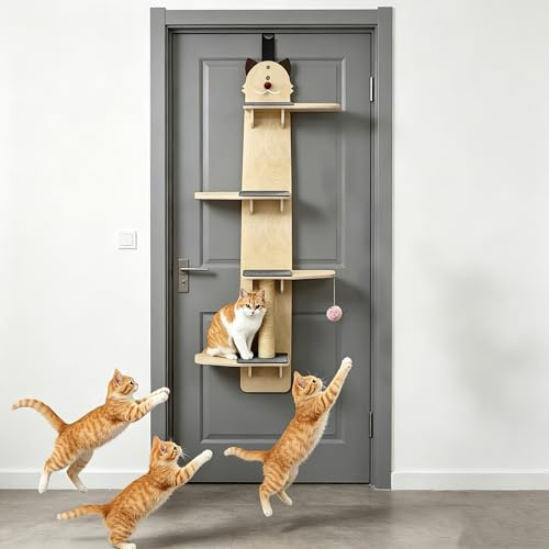 172cm Cat Shelves, Door Hanging Cat Shelf, 4-Tiers Cats Tree with Scratching Post, Pads, Tease Cat Ball, Over Door Cats Climber for Indoor Kitten Activity Centre Climbing Tree (170cm)