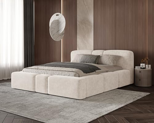 Chilly. Möbel Design Polsterbett Monte - Bett 180x200 cm- Bettkasten und Stauraum - Doppelbett mit Stabilem Metallrahmen - Weicher Perfect Harmony-Stoff - Beige