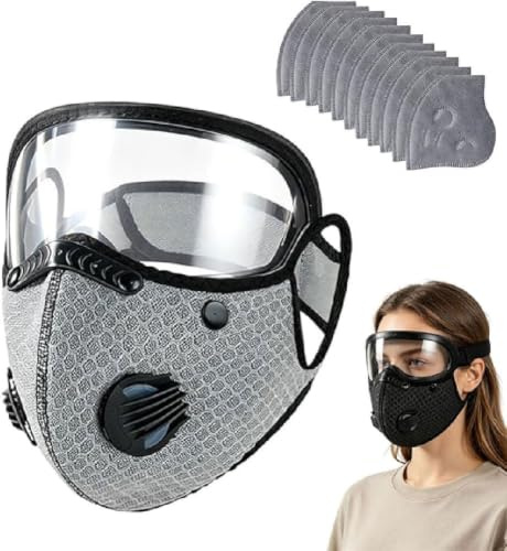 Reusable Carbon Filter Dust Mask with Adjustable Goggles, Staubmaske mit Filter, Wiederverwendbare Staubmaske mit 10PCS Aktivkohlefilter und verstellbarer Schutzbrille für Holzbearbeitung (Grau)