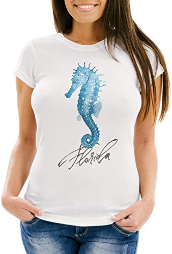 Neverless Cooles Damen T-Shirt Flamingo Seepferdchen Watercolor Slim Fit Weiss-Seepferdchen XS