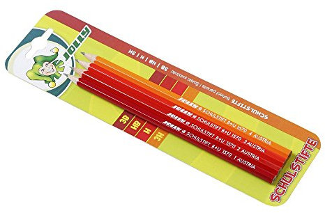 JOLLY Schulstifte, 4er Blister, Härtegrade 3B, HB, H, 3H, vielseitige Graphitstifte für Schule, Schreiben, Zeichnen, Skizzieren, handlich, robust, ideal für Etui oder Mäppchen