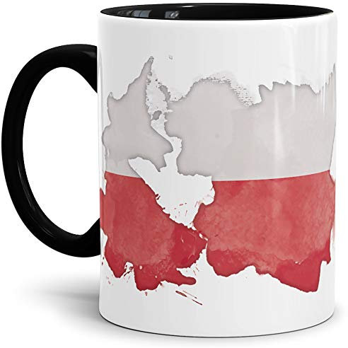 Tassendruck Flaggen-Tasse Polen Innen & Henkel Schwarz - Fahne/Länderfarbe/Wasserfarbe/Aquarell/Cup/Tor/Qualität Made in Germany