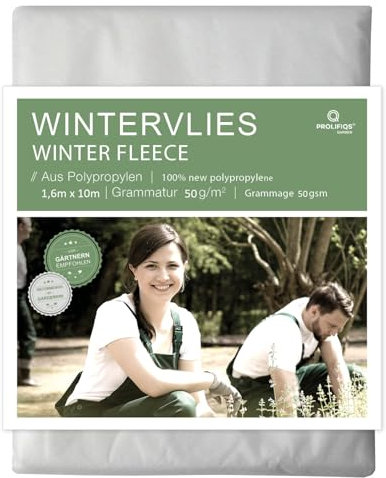 Prolifiqs Wintervlies für Pflanzen stabil 50g I 1,6 x 10m I Thermovlies/Frostschutz Überwintern auf Balkon/Garten/Hochbeet I Gartenvlies UV beständig und Wasserdurchlässig I Pflanzenschutz Winter