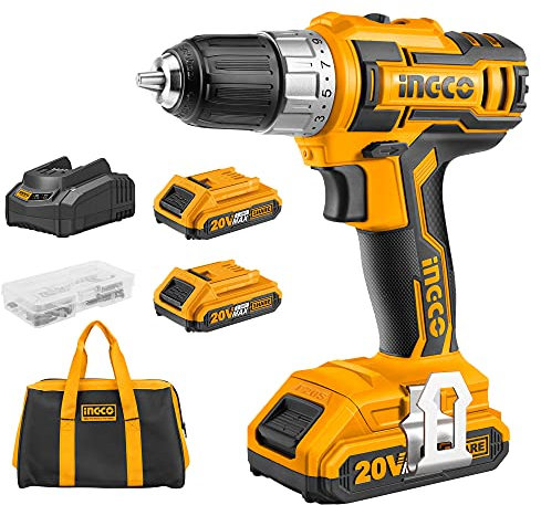 INGCO Lithium-Ion Cordless Drill 20V Drill Driver with 2Pcs 2.0Ah Battery Pack, 1Pcs Fast Charger, 1Pcs Canvas Bag, 47Pcs Accessories CDLI20023