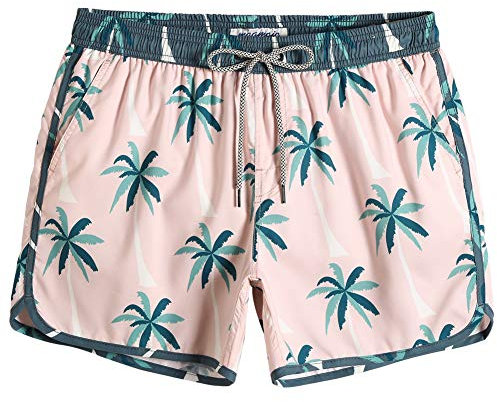 MaaMgic Short de Bain Homme Vintage - Maillot de Bain Homme Bermuda Séchage Rapide Doublure Confortable avec 3 Poches,Rose Cocotier,XL