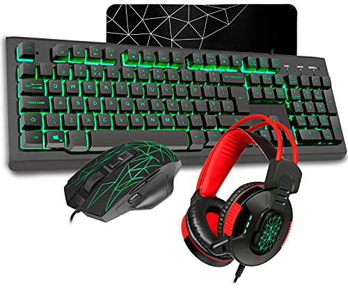 CiT Rampage RGB Gaming Keyboard, RGB Gaming Mouse, RGB Gaming Headset & Gaming Mouse Pad Combo Set 4 In 1 Bundle for Windows | Black/Red/Silver