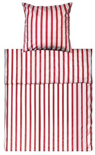 Lavea Bettwäsche Set - Viola 135 x 200cm + 80 x 80cm. Design: Breite Streifen - Farbe: Rot 100% Baumwolle. Hochwertig mit Reißverschluss. GOTS/Bio Zertifiziert.