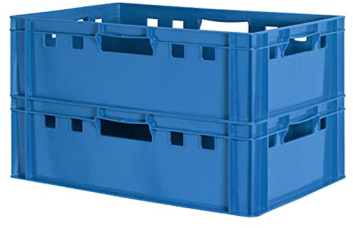 2 Stück E2 Fleischkisten Kisten Eurobox Lebensmittelecht Metzgerkiste Box Aufbewahrungsbox Kunststoff Wanne Plastik Stapelbar Lagerkisten 60 x 40 Blau Kingpower