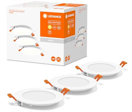 LEDVANCE Einbaustrahler Weiß, Slim Downlight mit integriertem Treiber, LED Spotleuchte, Lichtfarbe warmweiß (3000K), 8W, 120mm, IP20, 3er-Pack