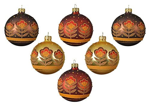 Christbaumkugeln Braun Gold Kupfer Blumen 6 Stück Weihnachtsbaumkugeln Echt Glas