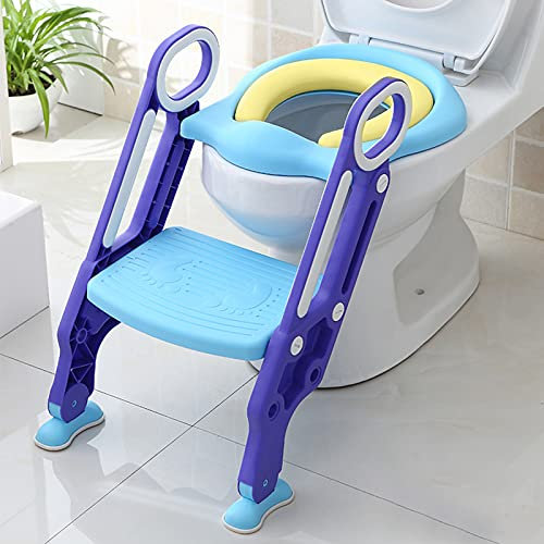 YUENFONG Toilettensitz Kinder Toilettentrainer mit verstellbarer Treppe, Klappbarer Töpfchentrainer Toiletten Mit einem PU Kissen, Höhenverstellbar 38-42 cm für Kinder von 1-7 Jahren (Blau und Lila)