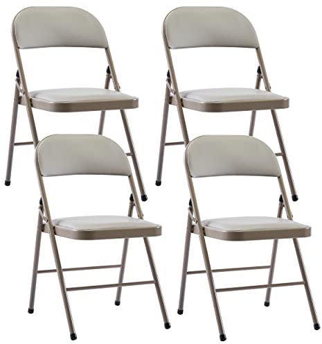 LeChamp Klappstuhl aus PU-Kunststoff, faltbar, für den Innenbereich, gepolstert, starker Metallrahmen, zusammenklappbar, Esszimmerstühle, Bürostuhl, Schreibtischstuhl, grauer Stuhl, 4 Stück