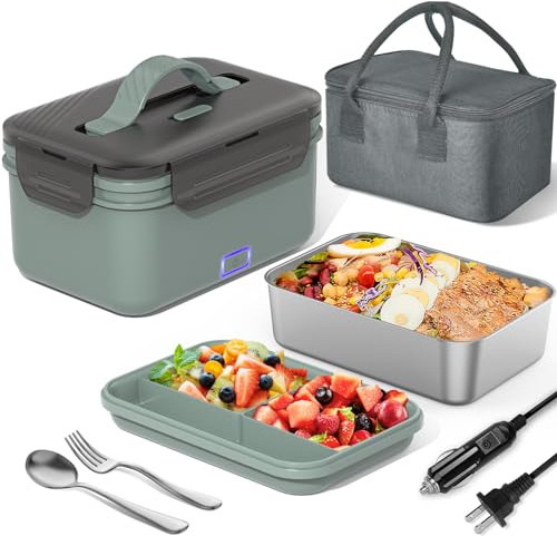 Herrfilk Electric Lunch Box Food Heater 100W, 4 in 1 Ultra Quick Heated Lunch Boxes for Adults 12V/24V/110V/220V Portable Food Warmer for Car/Truck/Office With Fork Spoon and Insulated Carry Bag