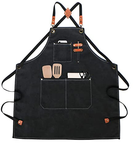 SUPRBIRD Schürze Kochschürze Grillschürze für Männer und Frauen Canvas Jeans Schürze mit Taschen und Verstellbarem Gürtel,Witziges Geschenk,für Küche Grill Handgemacht Backen (schwarz)