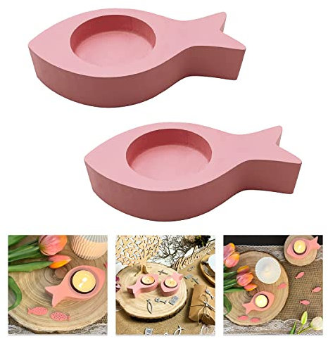 Oblique Unique® Teelichthalter Fisch 2er Set Kerzenhalter Fische aus Holz - Tisch Dekoration für Taufe Kommunion Konfirmation Taufdeko (Rosa)