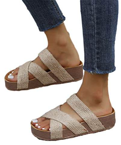 Onsoyours Damen Sommer Plateau Sandalen Keilabsatz Pantoletten Wedges Strass Sandaletten Vintage Freizeit Peep Toe Schuhe Geflochtene Schnur Strandsandalen Hausschuhe A Sisal Seil 39 EU