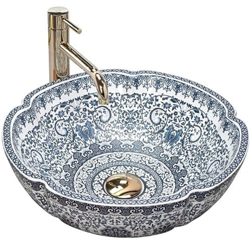 Rea Aufsatzwaschbecken Vivien, Waschtisch Handwaschbecken Waschschale Waschbecken für Badezimmer aus hochwertiger Keramik 425 x 425 x 150 mm (weiß/blau)