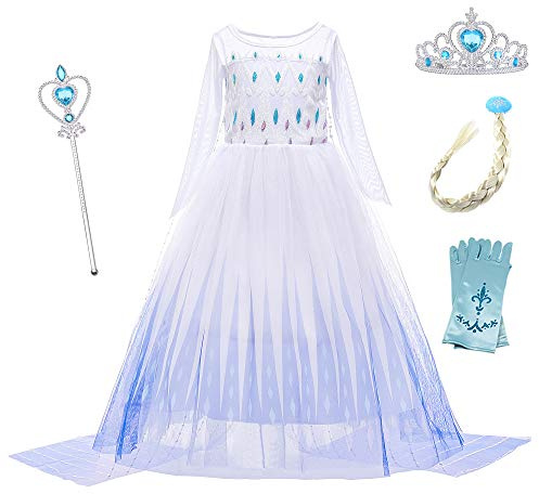YOSICIL Eiskönigin 2 Prinzessin ELSA Kostüm Ice Queen Kinder Kleid Weißes Prinzessinnen-Kostüm Schneekönigin Kostüme Cosplay Fasching Geburtstag Kleider Lange Ärmel mit Zubehör,Weiß,100CM