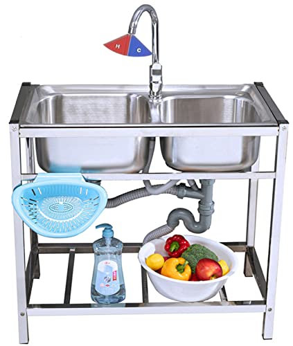 Edelstahlspüle mit zwei Becken, freistehende Spüle mit Überlaufschutz mit heißem und kaltem Wasserhahn und Ablagen für Garten, Küche, Waschküche, Garage, Außenbereich