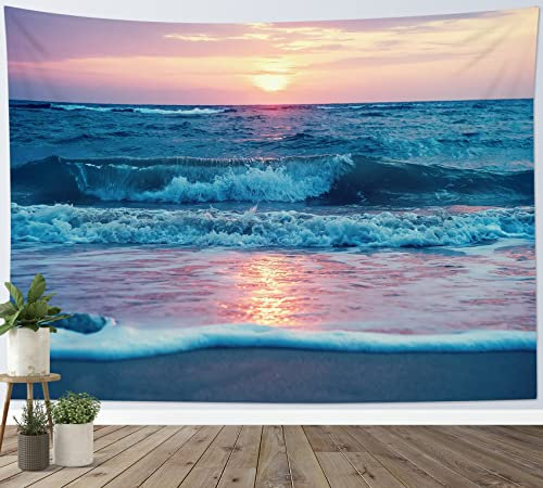 LB Wandteppich Ozean Welle Wandtuch Marineblaues Meer Tropischer Strand Wandbehang Sonnenuntergangslandschaft an der Küste Tapisserie für Wohnzimmer Schlafzimmer Wohnheim Wanddeko,150x130cm