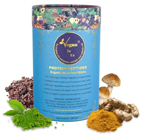 VeganIsUs Matcha Powder with Organic Greens & Vegan Protein Superfoods Blend (30 Servings - 280g) 11 Plant Based Organic Ingredients with Spirulina, Pea Protein, Cacao, Flax, Turmeric, Mushrooms