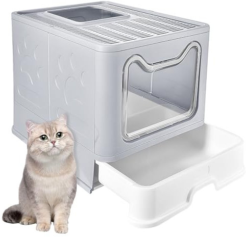 Foldable Cat Litter Tray, Cat Litter Box with Front Entry Top Exit, Large Kitty Litter Pan Kitty Litter Box with Lid & Pet Litter Shovel for Outdoor, Indoor, Travel-Pink (Gray)