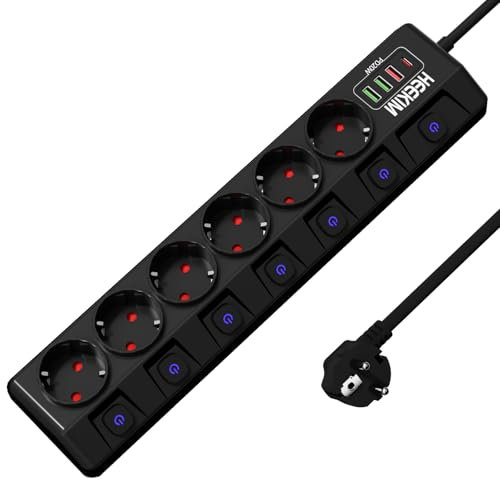 Steckdosenleiste Einzeln Schaltbar, Steckdosemit 6 Steckdosen und 3 USB-A und 1 USB-C (PD 20W), Steckdosenleiste mit Unabhängigem Schalter, Für Heim und Büro, 2M Kabel, Schwarz
