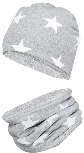 TupTam Mädchen Kinder Beanie Mütze Schlauchschal 2er Set Herbst Winter gefütterte Übergangsmütze mit Loop, Farbe: Wintermütze Teddyfleece - Weiße Sterne Grau Meliert, Hat Size: 52