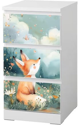 Sunnywall® Möbelfolie passend für IKEA Malm Kommode Schrankfolie Aufkleber mit Fuchs auf Wiese Motiv | blasenfrei verkleben | Kinderzimmer 3er 40 cm