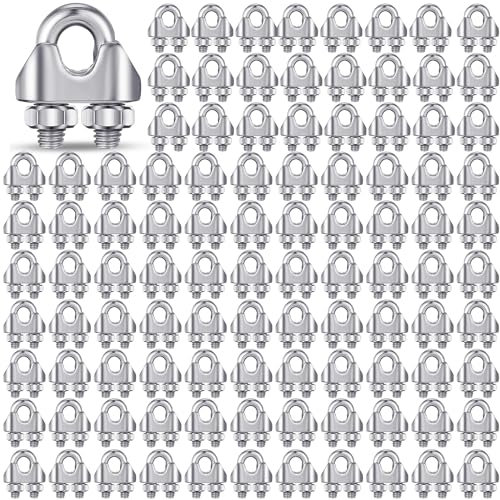 Blulu 100 Pcs 1/8 Inches M3 Stainless Steel Cable Wire Rope Clip Large U Bolt Saddle Guy Fastener 304 Stainless Steel Fastener Cable Wire Rope Clamps, Connect 2 Layers of Wire to Form a Loop