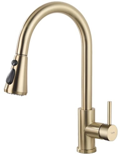 Tondiy Edelstahl Küchenarmatur mit Ausziehbar Brause, Wasserhahn Küche mit 3 Strahlarten, 360° Drehbare Hochdruck Mischbatterie, Spültischarmatur für Küche, Gold Matt