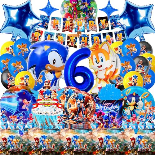 SABAN Soni Decorazione di compleanno 6 anni, 95 pezzi Soni Set di stoviglie per feste con palloncino 3D, piatti e tovaglioli, striscioni di alta qualità e decorazione per torte, perfette per i temi