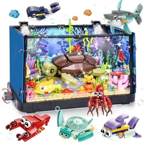 IEEILULU Acquario Fish Tank Giocattolo da Costruzione con Luce a LED, Fish Building Set tra cui Tartaruga Mobile, 6 set di Blocchi di Piccoli Animali Marini, Giocattoli Acquario Meccanico