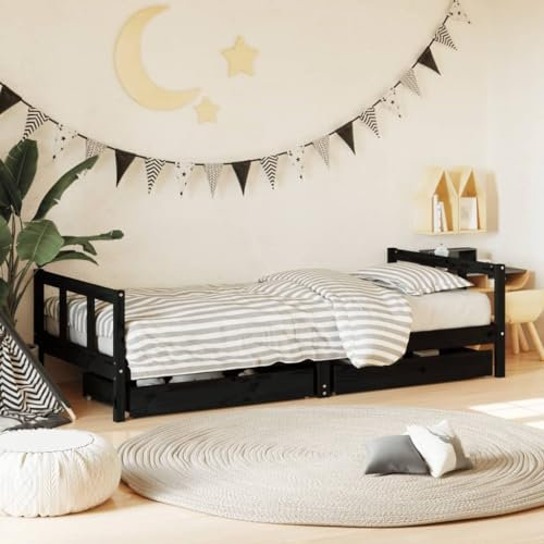 Hommdiy Kinderbett, Kinder Bettgestell mit Schubladen, Hausbett für Kleinkinder ab 4 Jahren, Einzelbett Kinder Jugendbett Holzbett Stil A,90 x 200 cm,Schwarz